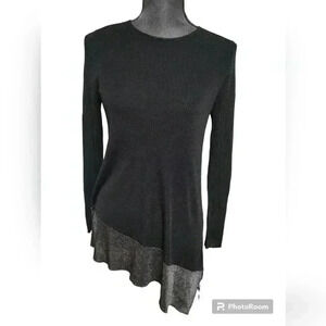 Eileen Fisher Tunic Top Asymmetric Hem Black Metallic Silver Sheer Knit